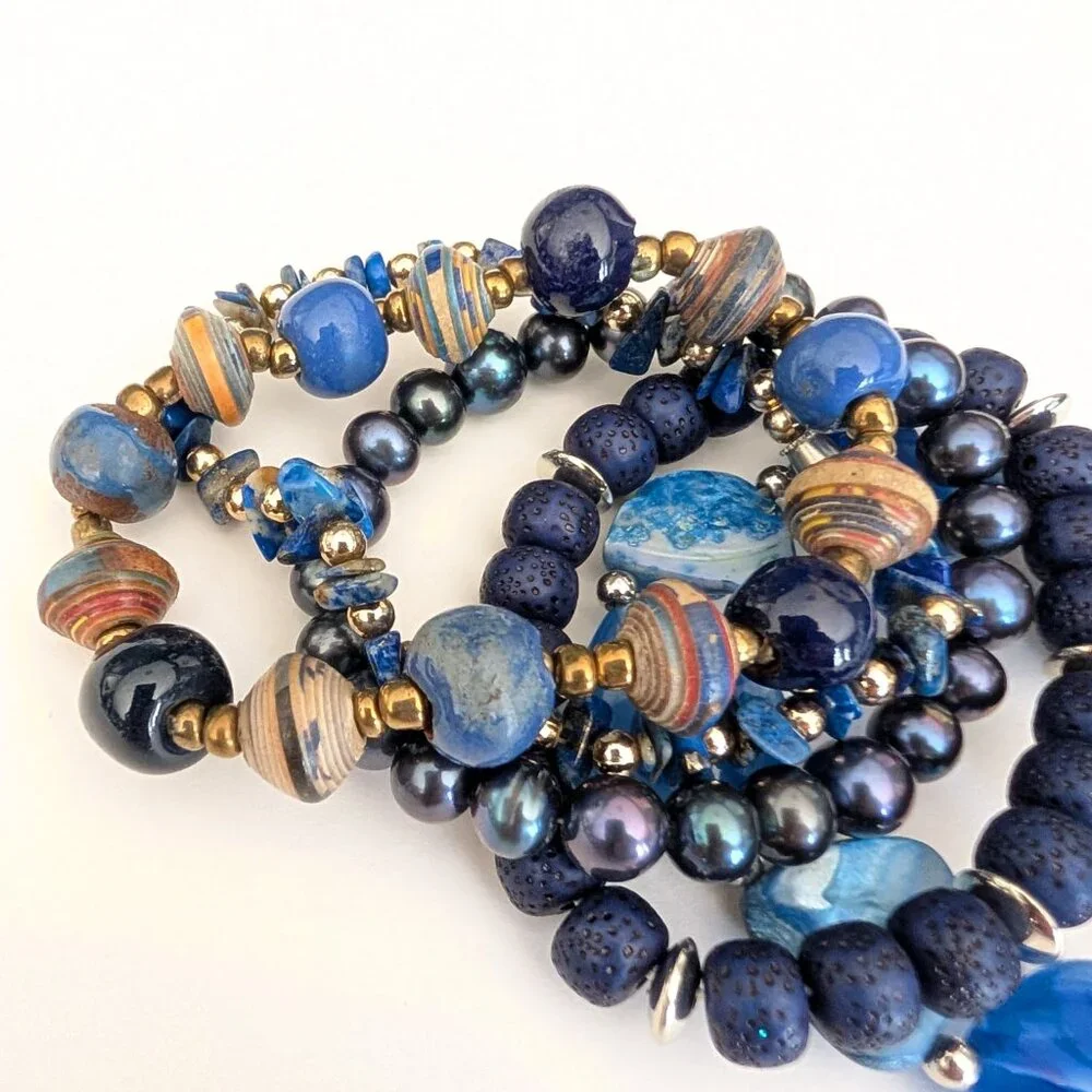 5 shades of blue layering beaded bracelets